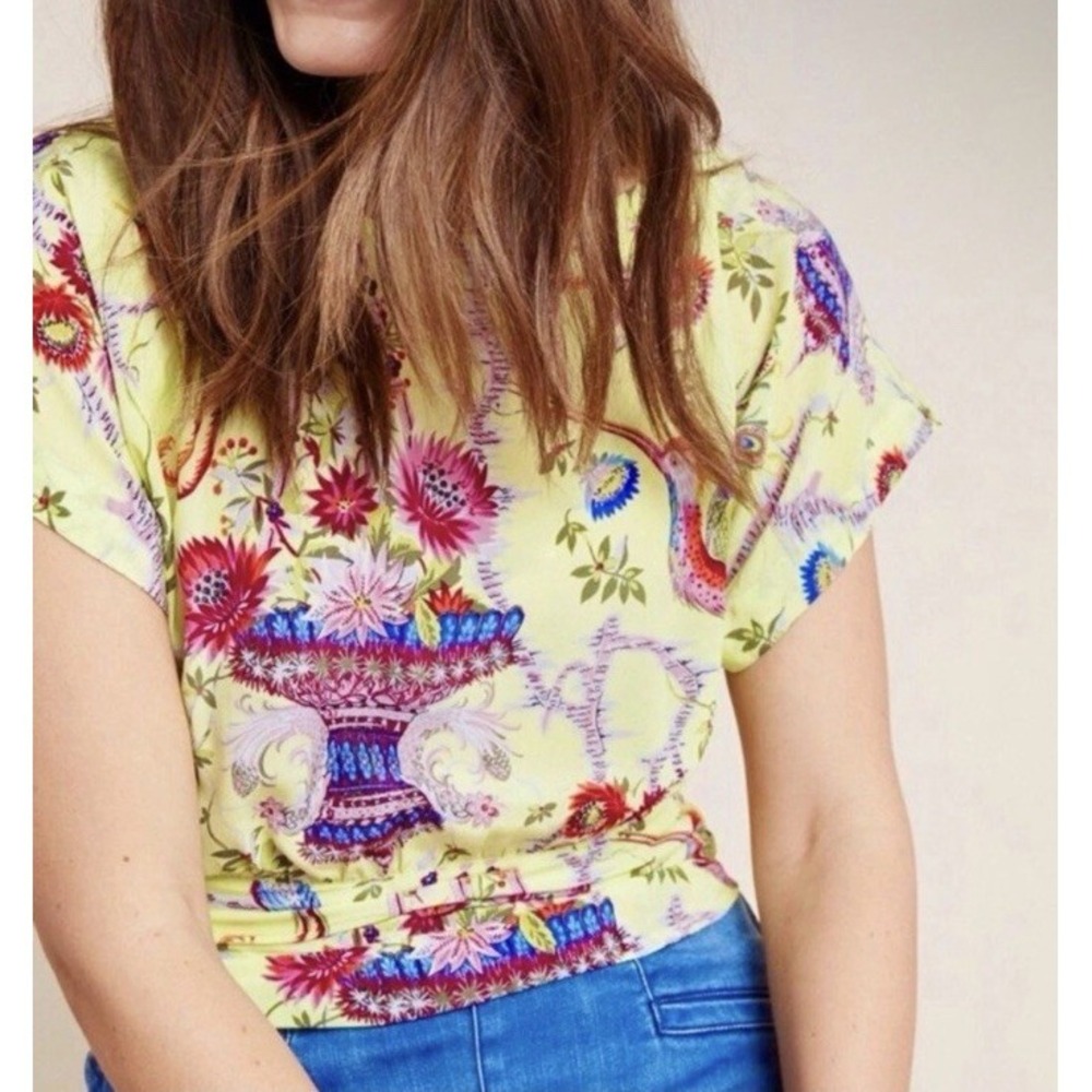 Anthropologie Maeve‎ Women Size 0 Garden Floral Bird Yellow Silk Blouse Cottage